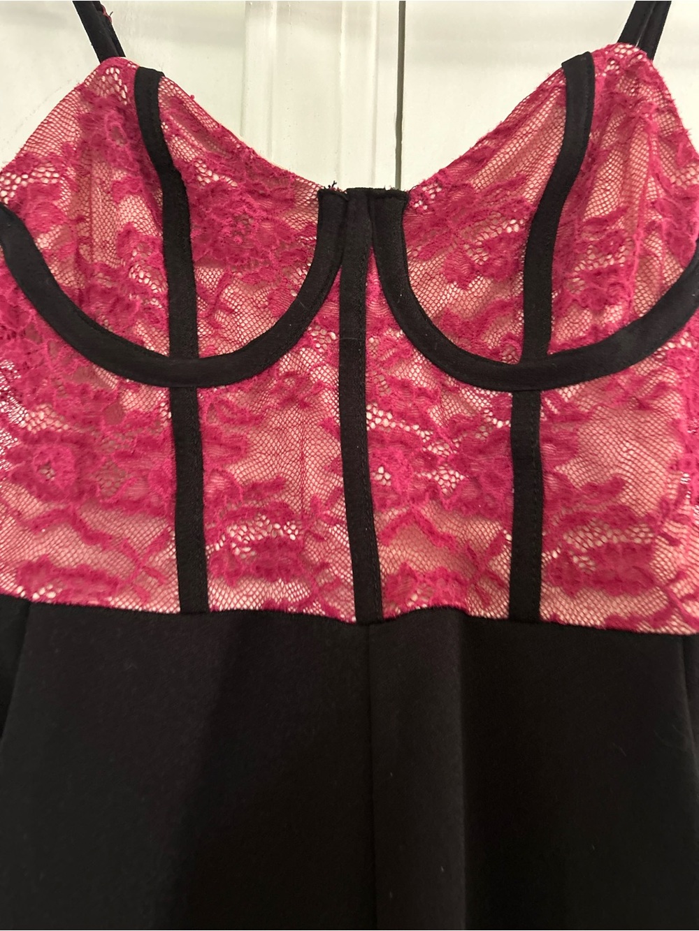 SHEIN Fuchsia Pink and Black Lace-Trim Romper